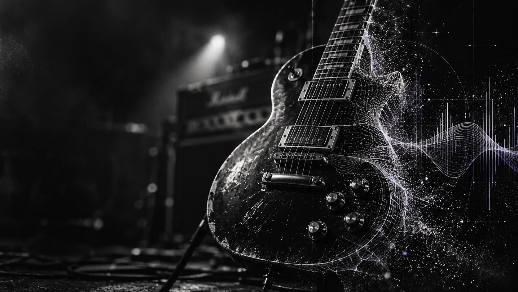 Electric guitar emerging from digital wireframe particles
