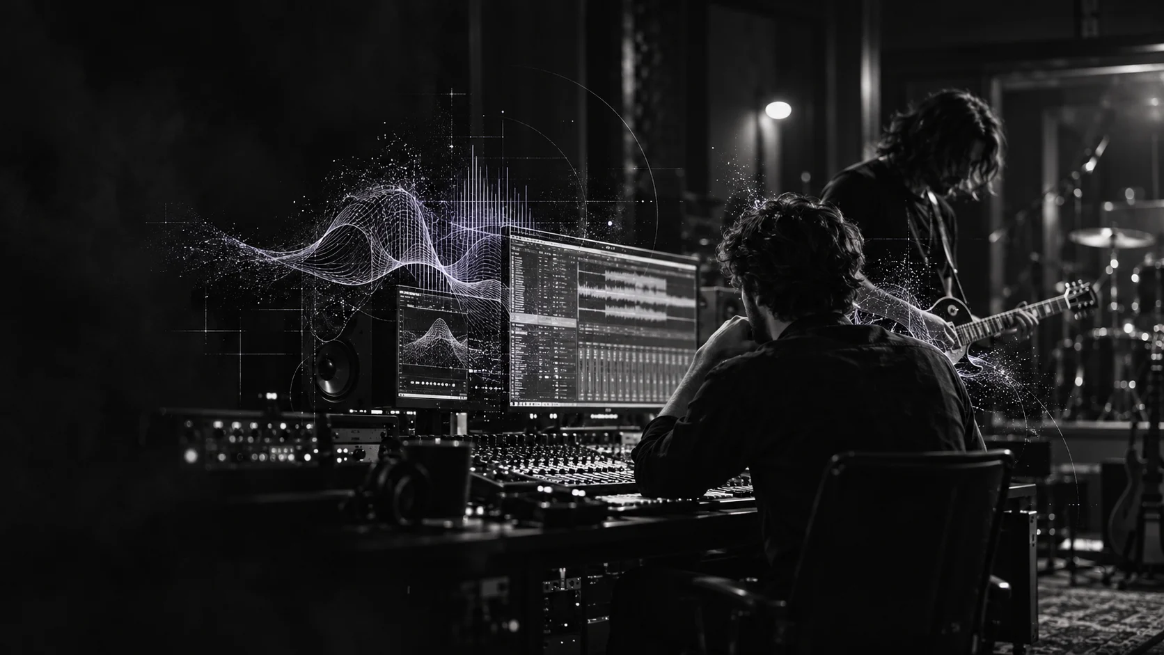 Monochrome studio instruments dissolving into digital contours