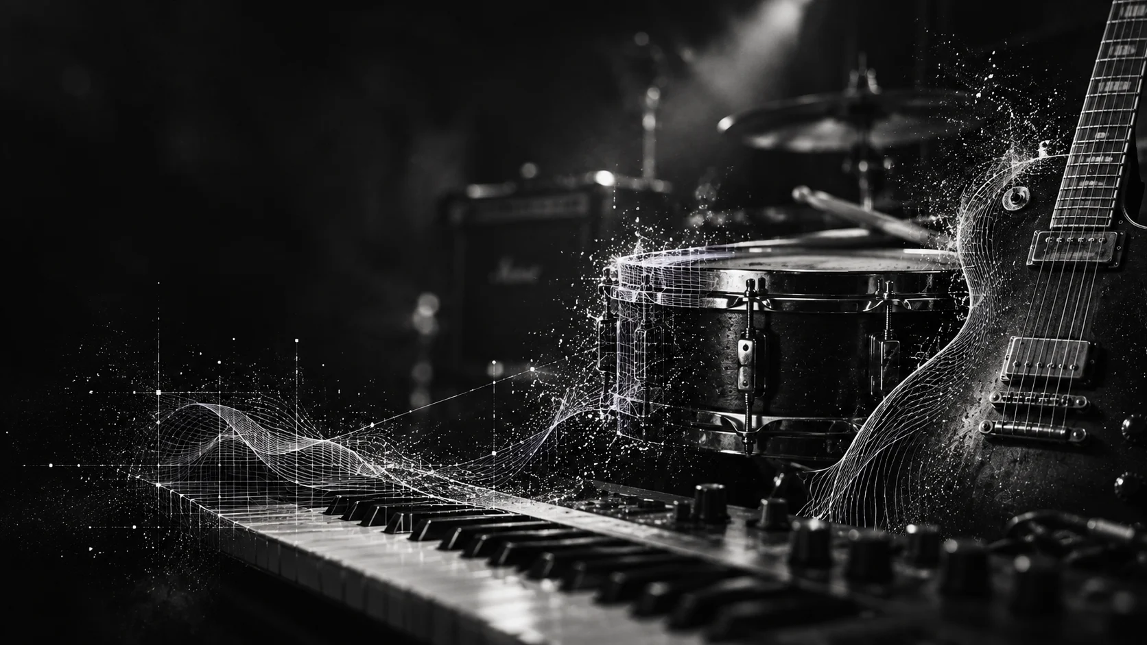 Producer and guitarist working in a dark studio with digital waveforms